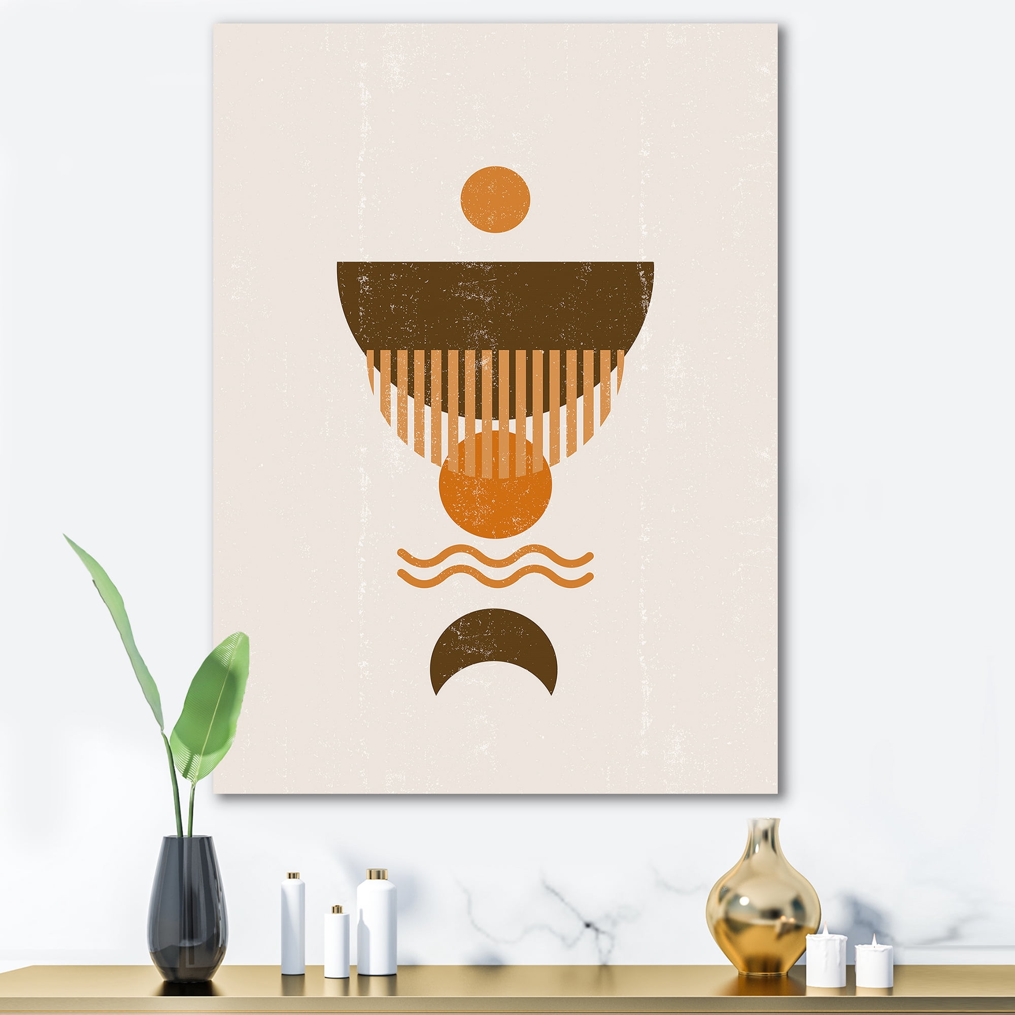 Abstract Minimal Brown Moon and Orange Sun 12 in x 8 in Painting Canvas Art Print, by Designart