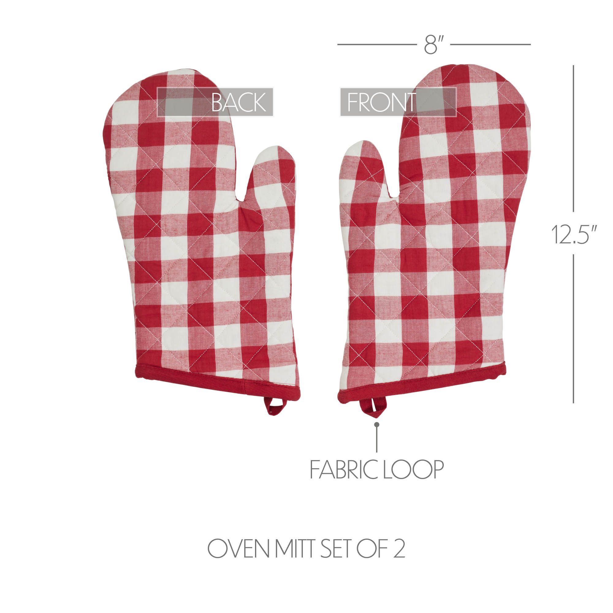 VHC Brands Cotton Oven Mitt Set of 2, Heat Resistant, Baking Glove Pot Holder, Kitchen Mitts, Annie Buffalo Check Collection, 12.5x8, Country Red