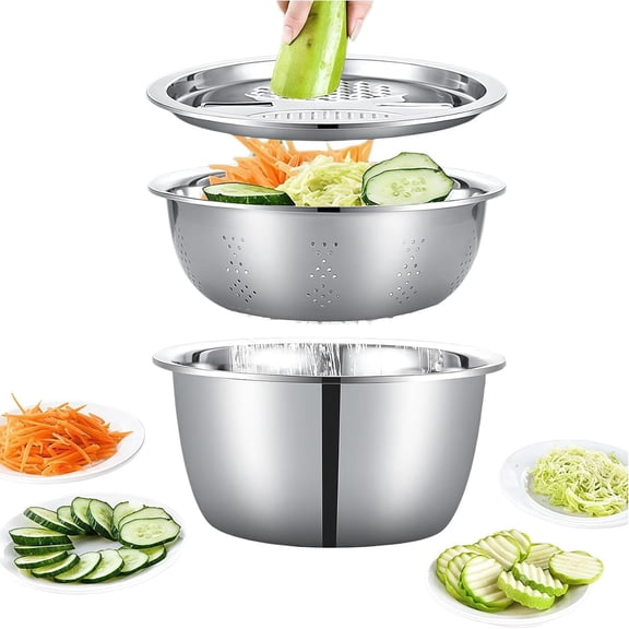 Stainless Steel Grater Bowl with Colander Strainer, 3-in-1 Multifunctional Basin for Shredding Draining and Rinsing, 26cm