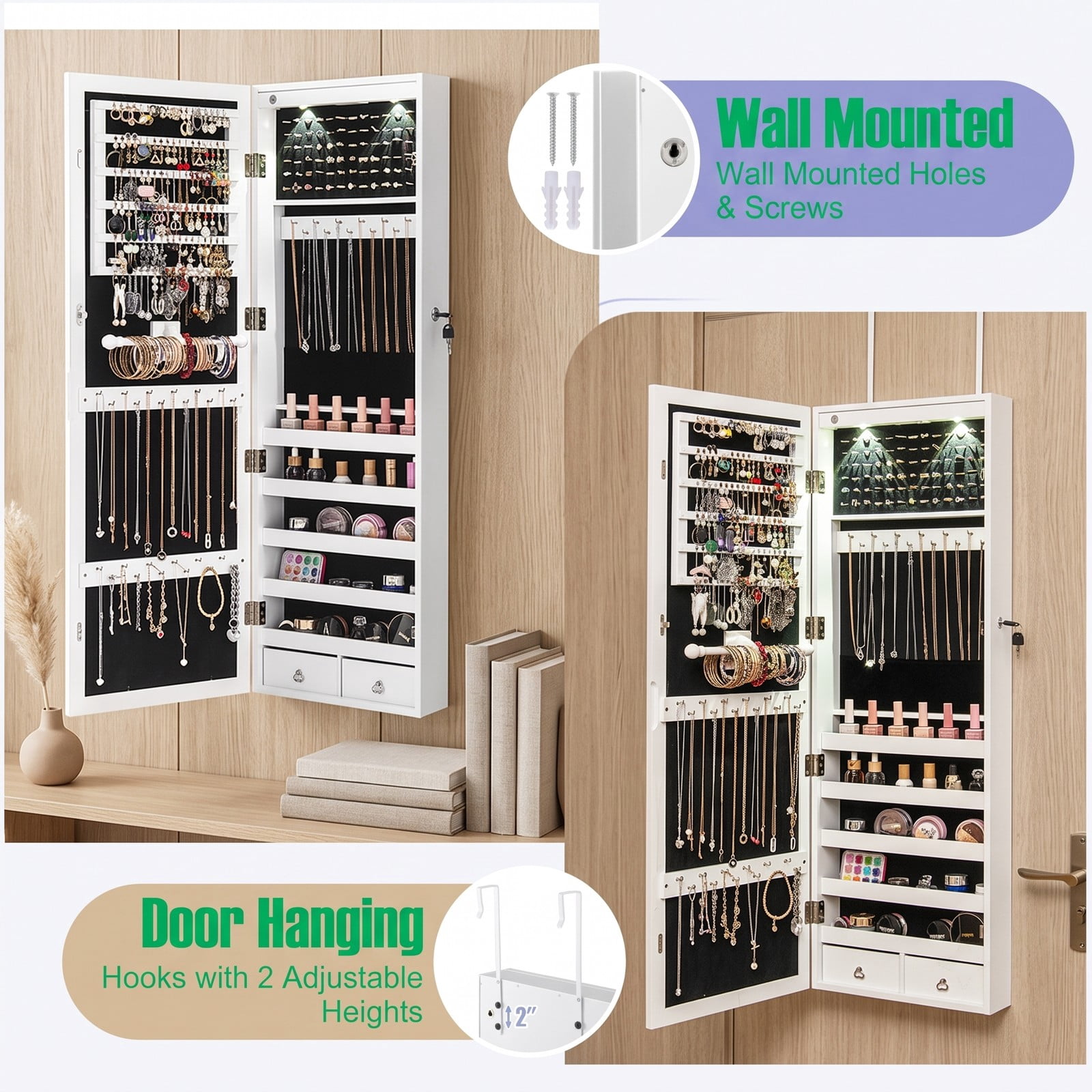 Furnibear Lockable Wall and Door Mounted Jewelry Cabinet with Full-Length Mirror and 8 LED Lights for Bedroom Rings and Necklace Storage, White