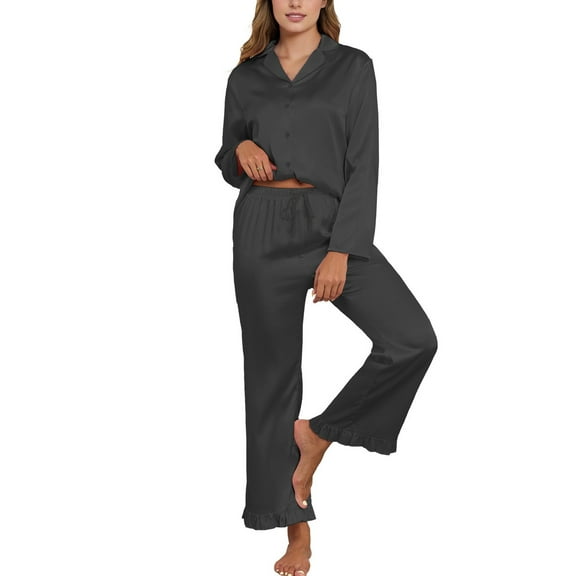 SWSMCLT Women's Button Pajama Set Breathable Elastic Band Cigarette Long Sleeve Nightwear Comfy Lounge Set Black Medium