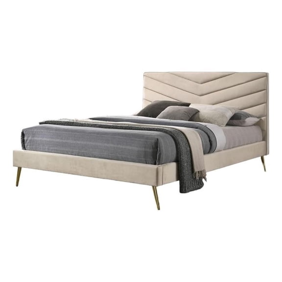 Vevy Full Size Bed-Chevron Tufted Beige Flannelette Upholstery