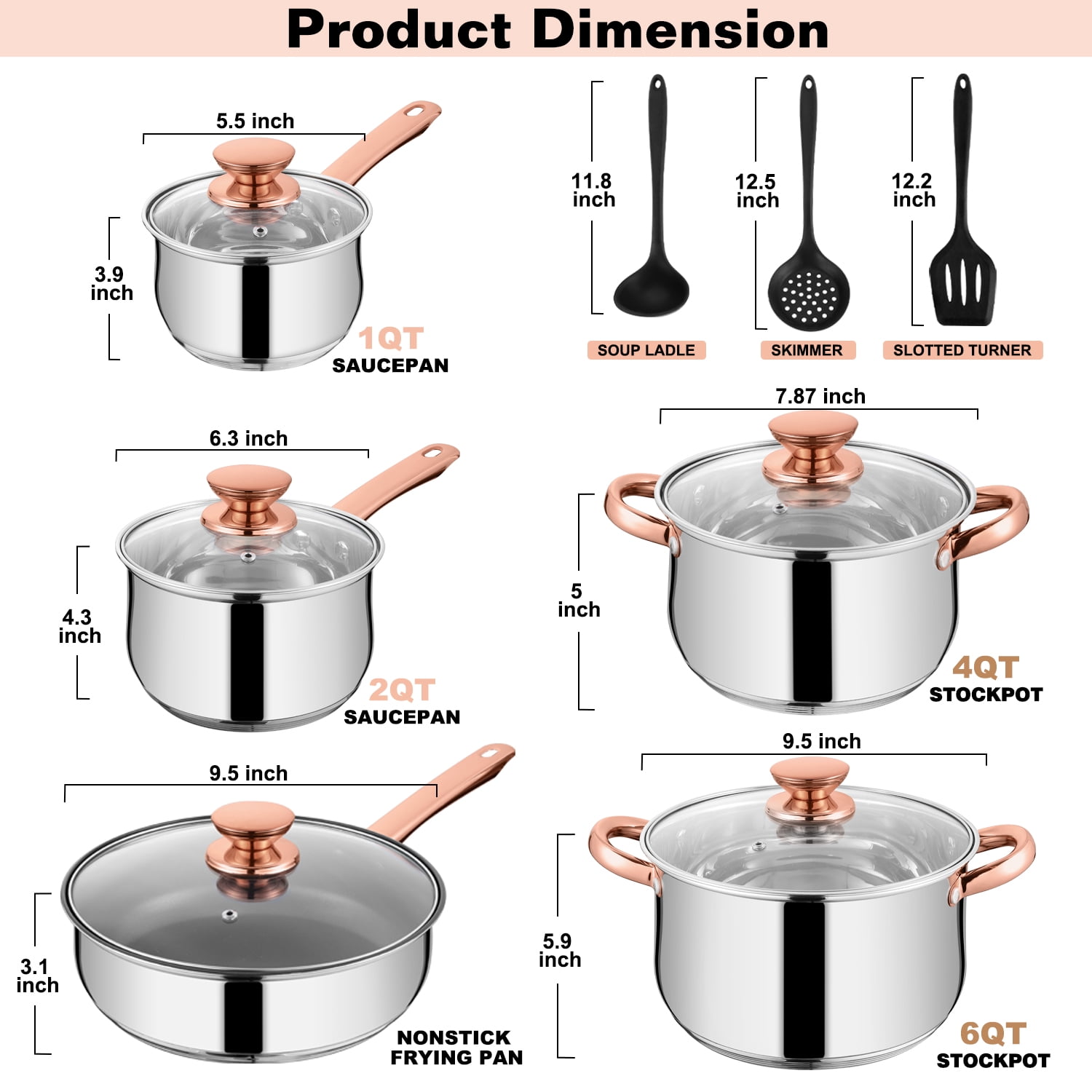 Walchoice 13-Piece Stainless Steel Pots and Pans Set, Kitchen Cookware Set with Glass Lid for Cooking, Induction & Dishwasher Safe, Copper