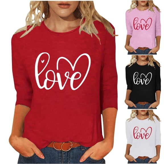 mihongmao Valentine Shirts for Women Loose Crewneck Ladies' Hearted-Printed Round Neck Three Quarter Sleeve 3/4 Sleeve T-shirt Loose Red L