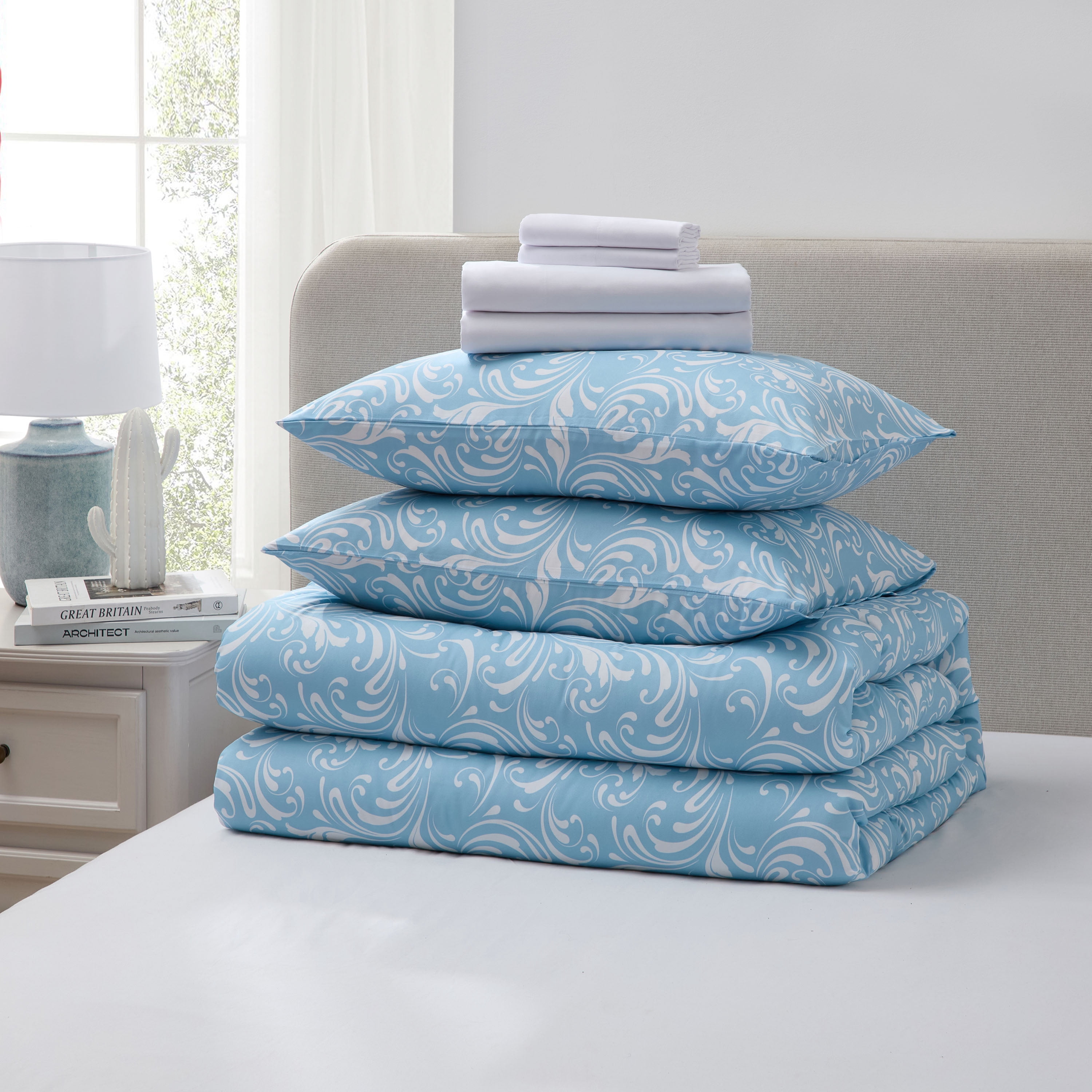 LammaLoe Full Size Comforter Set, 7 Piece Biomorphic Bed in a Bag Full, Bedding Comforter Set with Sheets, Modern Bed Set, Blue
