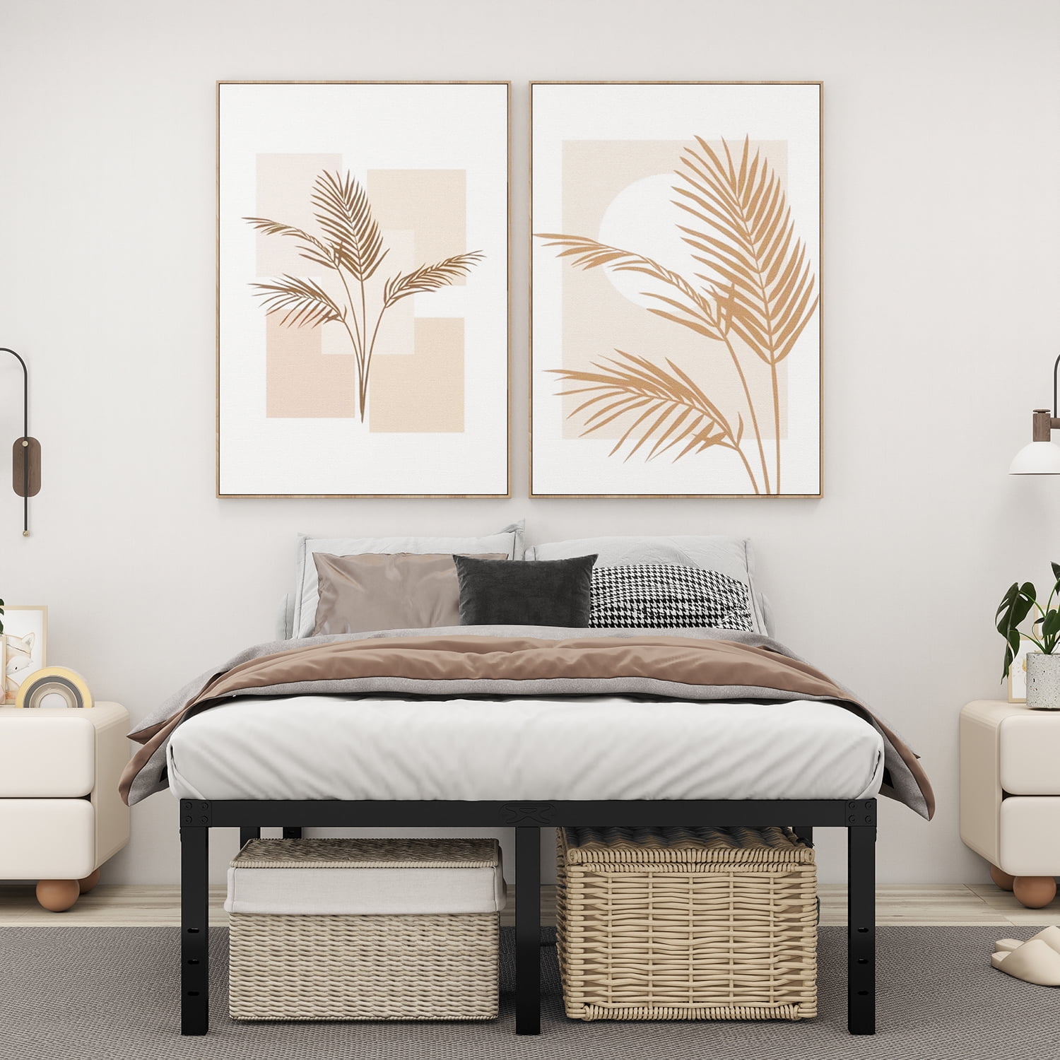 King Size Bed Frame King Platform Bed Frame with LED Lights 14 Inch Tall King Mattress Base King Platform Bed Frame with Charging Station