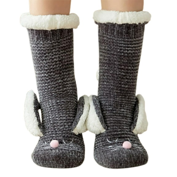 Womens Winter Fuzzy Slipper Socks with Grippers Cartoon Rabbit Bunny Ears Thicken Fleece Lined Thermal Non-Slip Knit Floor Stockings