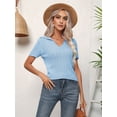 thumbnail image 2 of Women'S Collared Cable Short Sleeve Sweaters Tops Solid V Neck Knit Casual Soft Pullover Shirt Light Blue XL, 2 of 9