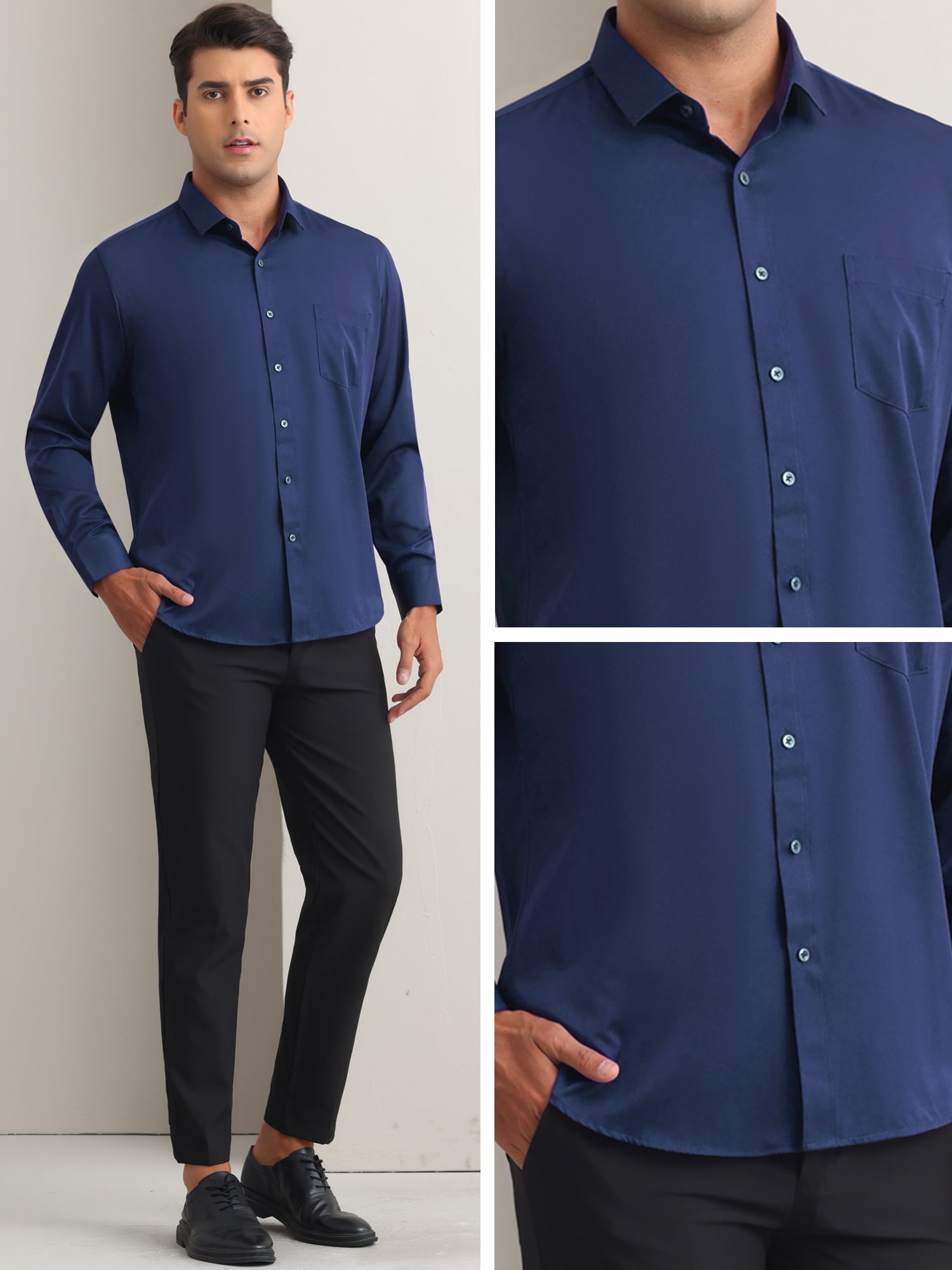 Unique Bargains Men's Long Sleeve Regular Fit Business Button Down Shirt L Dark Blue