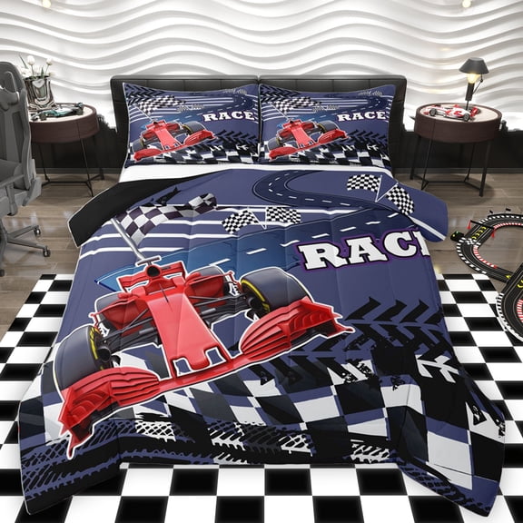 Homewish Racing Car Bedding Comforter Set,Speed Extreme Sport Twin Comforter Sets,White Black Ckeckered Flag Bedding Set For Boys Kids,Breathable Home Decor Reversible,2pcs