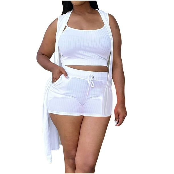 Mujeres Casual Verano Cuello redondo Sin mangas Tops y pantalones cortos Conjunto de tres piezas Traje Wmkox8yi bvn3689
