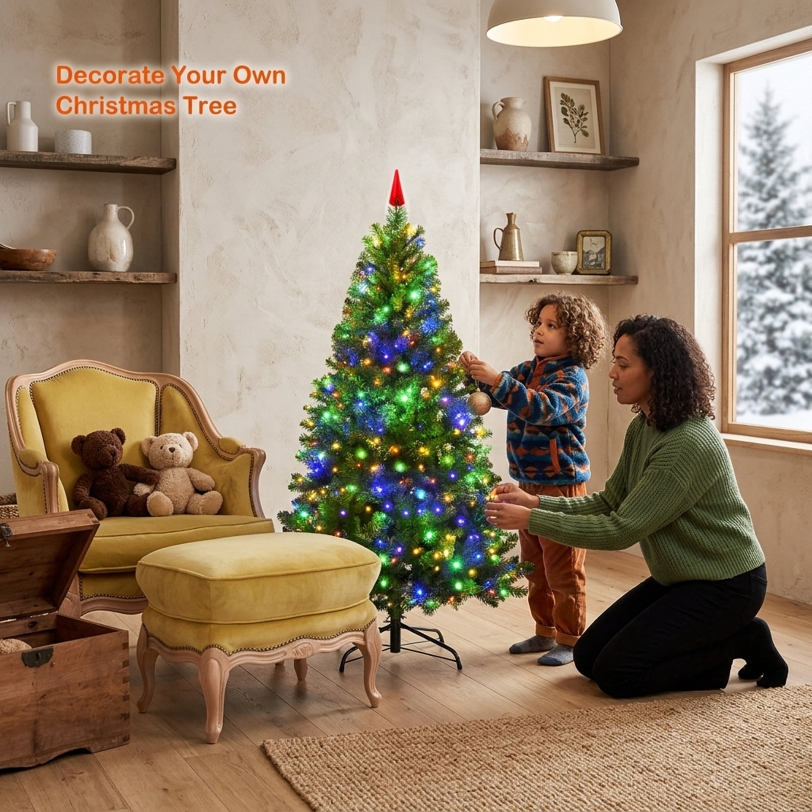 RUIE, 4 ft, Artificial Christmas Tree, with 100 LED Lights, 300 Branch Tips, Green Holiday Xmas Tree for Indoor Home Office Decoration