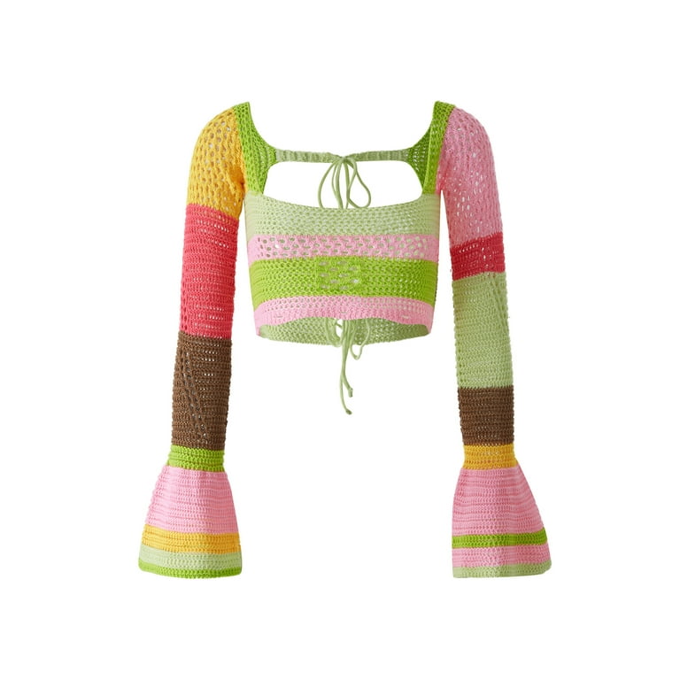Boiiwant Women Knitted Crop Tops Flared Long Sleeve Square Neck Tie Up Drawstring Knitwear Color Block Crochet Hollow out Short Sweater