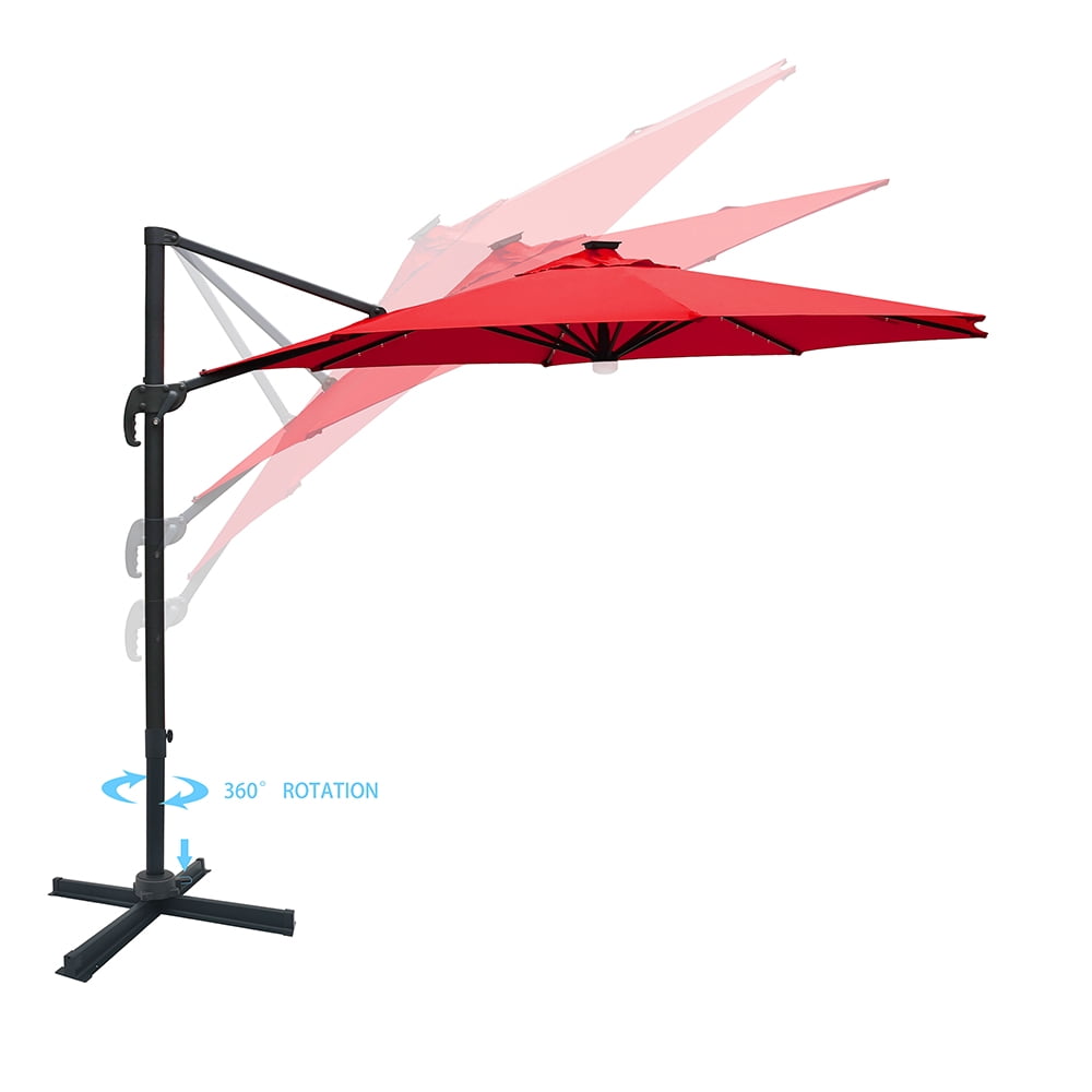 Premium 10 Feet Cantilever Patio Umbrella with Solar Powered LED Lights, Cranberry Red