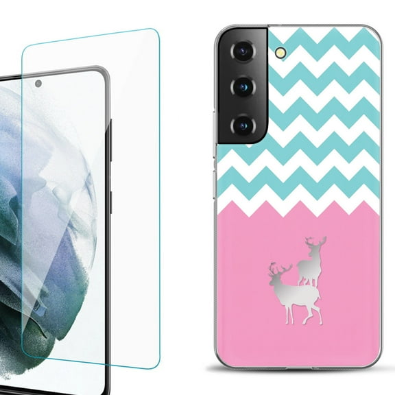 Slim-Fit Fashion Gel Phone Case for Samsung Galaxy S22  5G / S22 Plus 5G, with Tempered Glass Screen Protector, by OneToughShield ® - Chevron/Teal/Deer