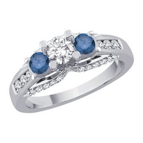 Three Stone Plus Diamond Engagement Ring with Blue Side Diamond in 14K White Gold (1 cttw)