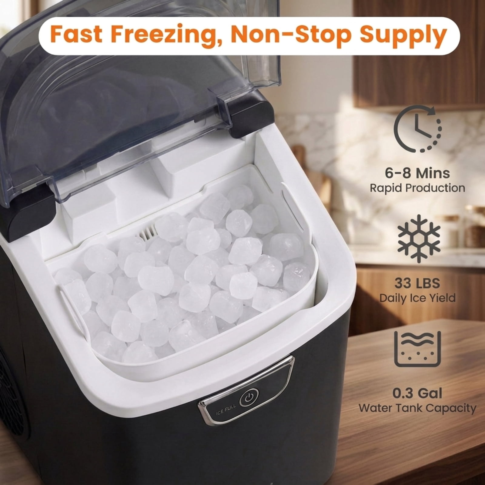 RUIE Nugget Ice Maker Countertop 33 lbs/Day, Soft Chewable Pellet Ice Machine with Ice-Full Alarm for Home Kitchen Bar Office, Portable, Black