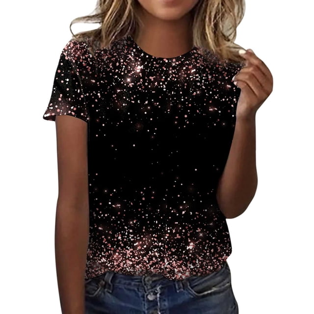 TSADFHJI Chandails pour Femmes en Coton Mode Décontractée pour Femmes Dégradé à Paillettes Imprimé Col Rond T-Shirt Ample