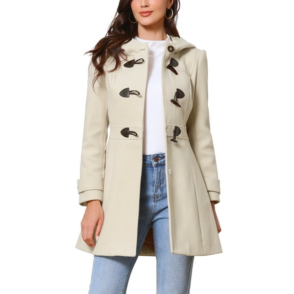 Winter Overcoat for Women Trench Mid-thigh Hooded Toggle Duffle Pea Coat with Pockets XS Beige