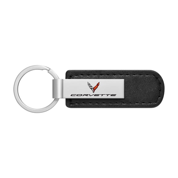 iPick Image for Chevrolet Corvette C8 Silver Metal Plate Black PU Leather Strap Key Chain, Official Licensed