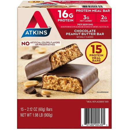 Atkins Chocolate Peanut Butter Meal Bars High Fiber 16g of Protein (15 Count)