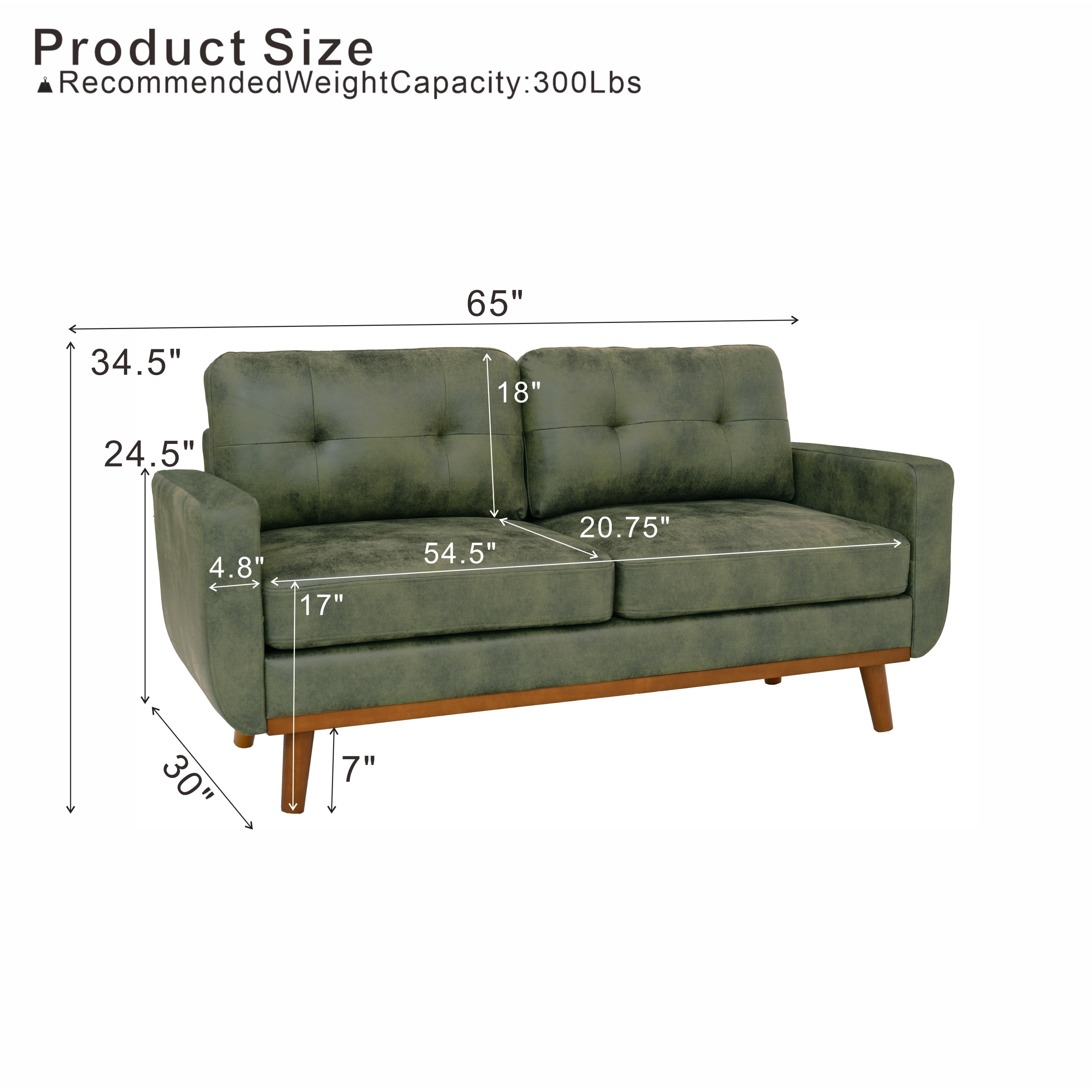Homy Casa 65 in Mid Century Modern Upholstered 2-Seater Loveseat Sofa for Small Spaces Green