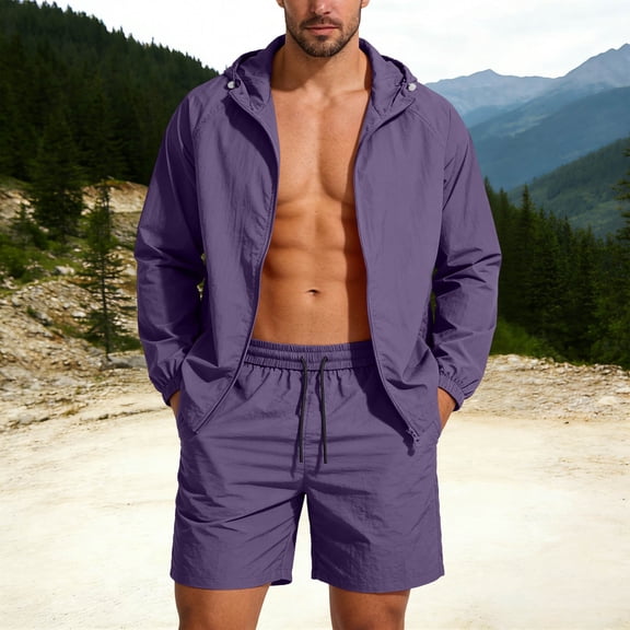 Xdegoge Tracksuit for Men Relaxed Fit Elastic Waistband Shorts Set Quick-Dry Sportswear Bottoms Zip Up Hooded Jacket Gym Workout Wear