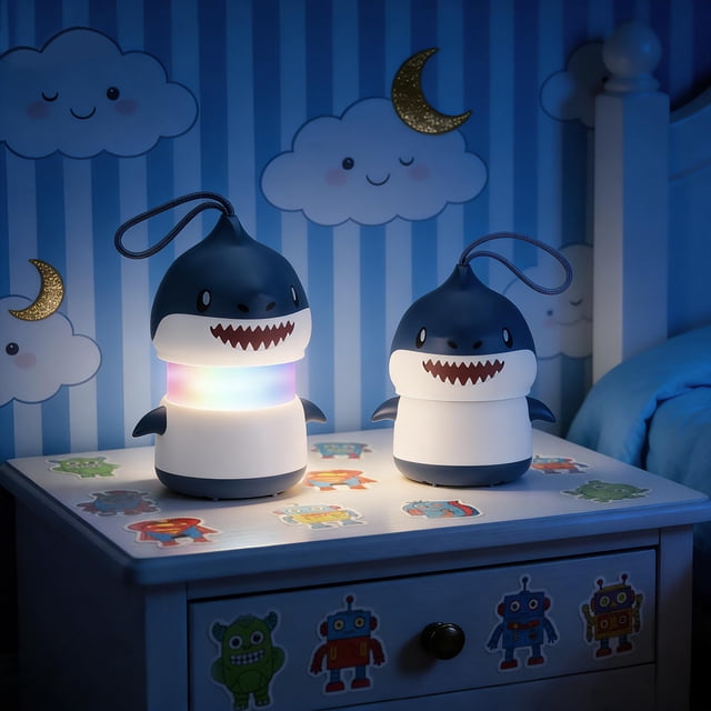 Linternas de camping para niños WORKPRO, paquete de 2, diseño de tiburón, RGB, a pilas