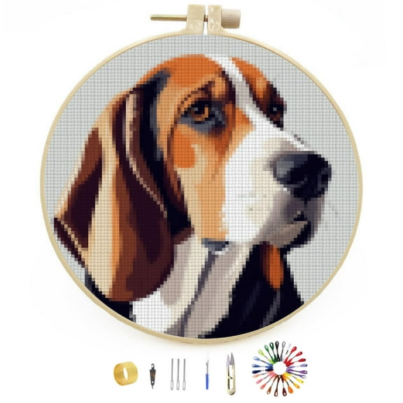DIY Stamped Cross Stitch Kits Basset Hound Easy for Beginners with Hoop 11CT Counted Embroidery Needlepoint Crafts Arts for Handmade Enthusiasts and Home Decor 30x30cm(1)
