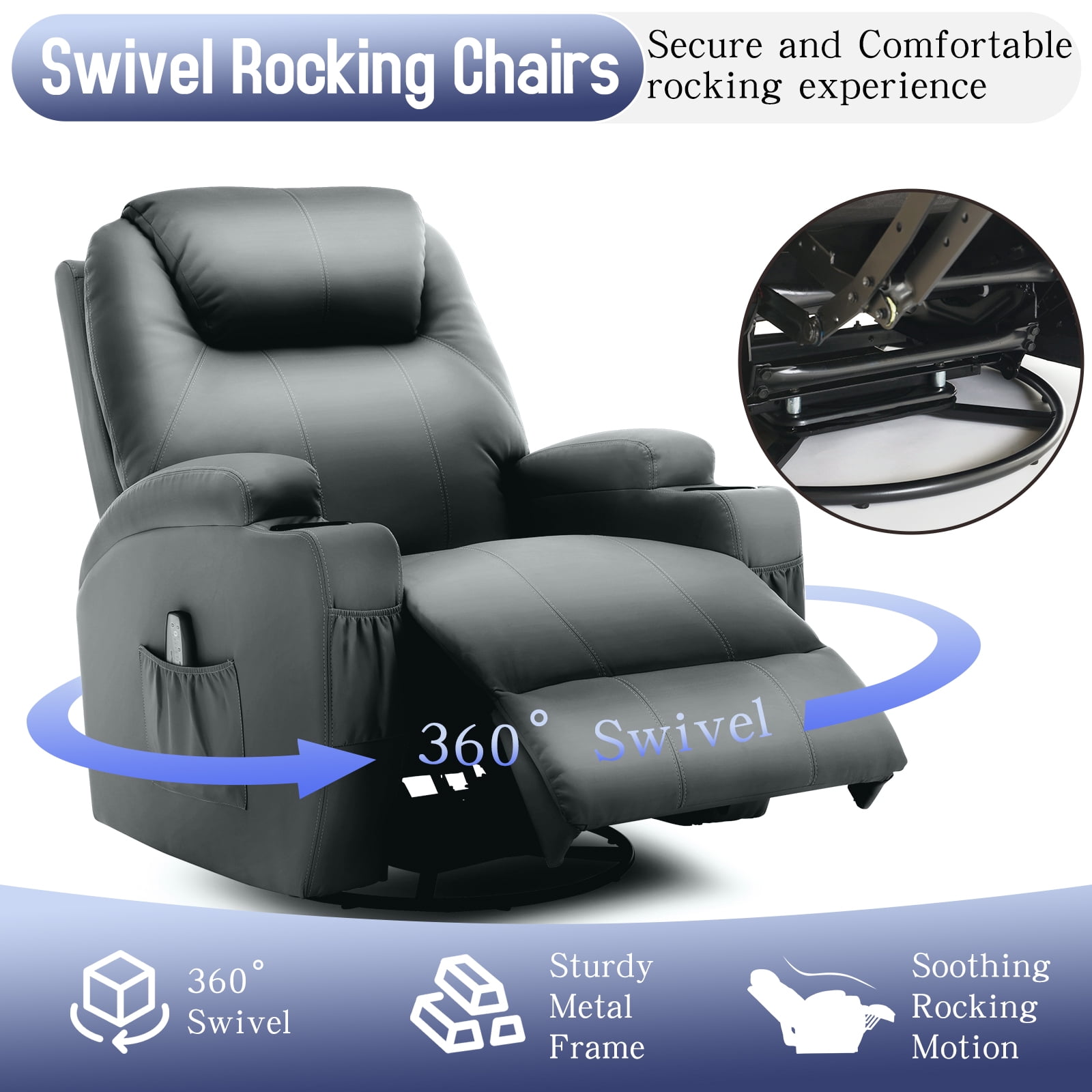 Korser Swivel Rocker Recliner Chair with Massage Faux Leather for Living Room,Grey