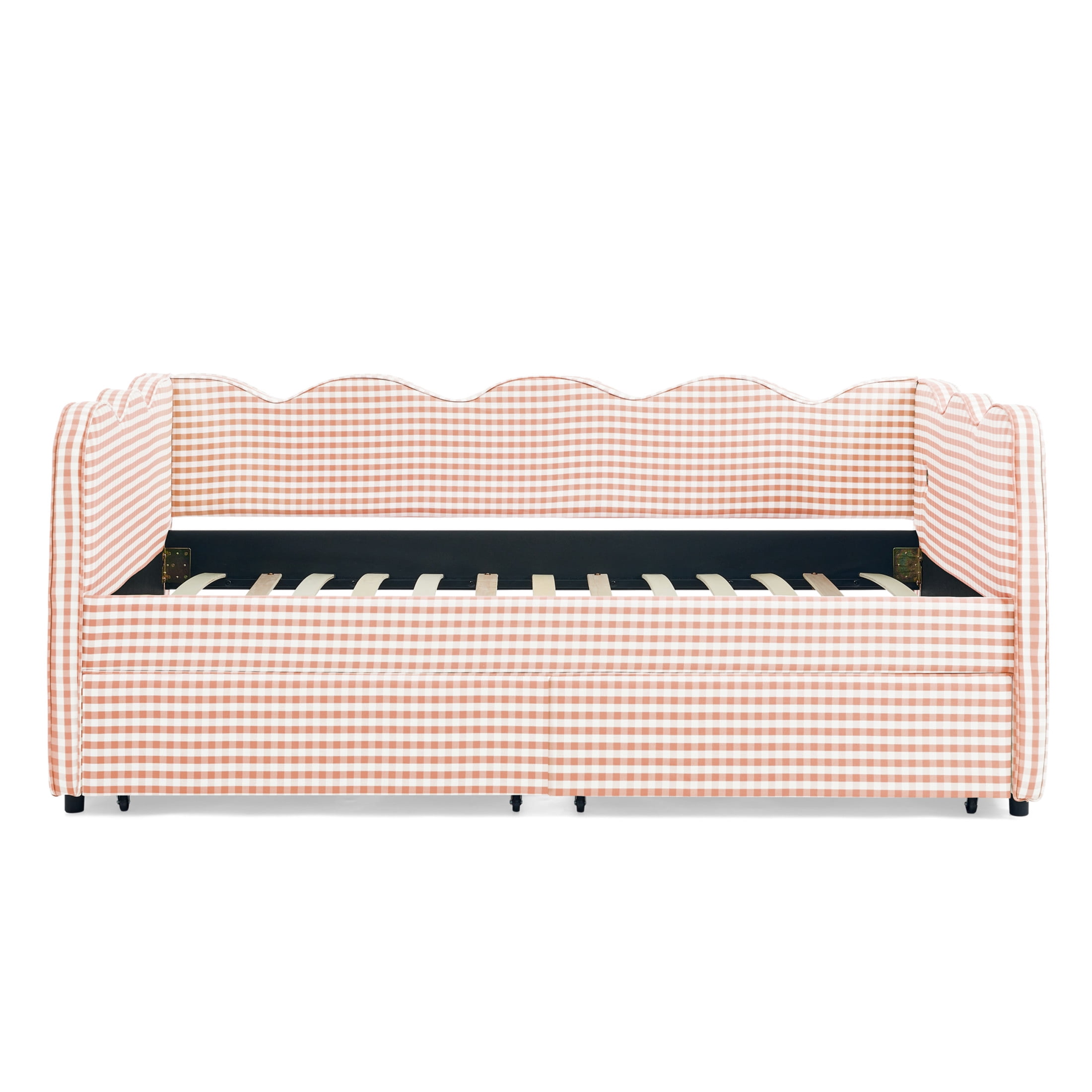 Noble House Corlan Twin Size Waved Daybed, Cozy Gingham Linen Sofa Bed with Storage Drawers and Charging Port, Pink