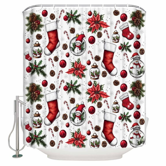 60x72 Inch Shower Curtains for Bathroom Christmas Fabric Bath Curtain Decor Xmas Snowman Tree Snowflake Balls Waterproof Restroom Curtains Shower Set Accessories with 12 Hooks 60 Inch