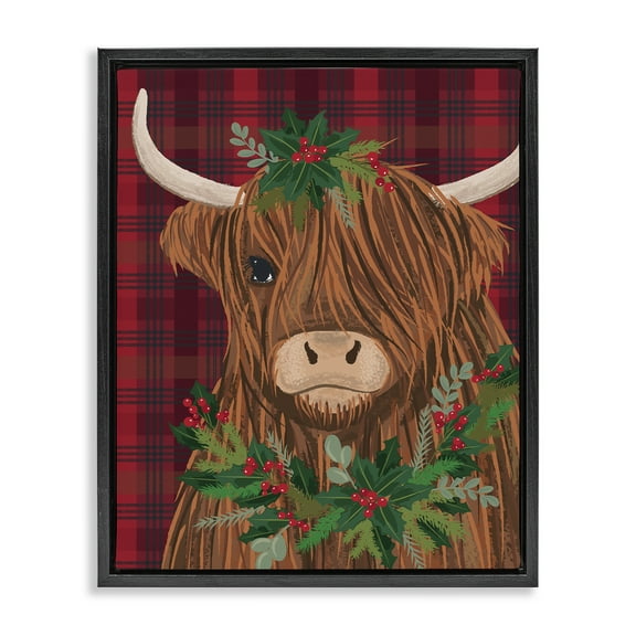 Stupell Industries Holiday Cattle on Buffalo Plaid Animals Painting Black Floater Framed Canvas Art Print Wall Art, 17 x 21