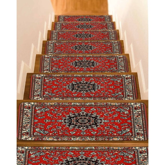 Stair Treads for Wooden Steps, Red Bohemian Peel and Stick Stair Treads with Adhesive, Boho Flower Abstract Modern Retro Art Non Slip Indoor Stairs Runner Rugs Mats for Elders Dogs 8"x30"7PCS