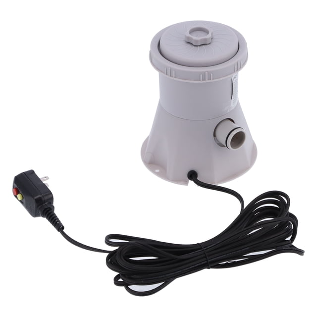 Filter Pump, a gray pool filter pump professionally tested for above-ground pools, featuring an air release valve for steady water flow and a replaceable cartridge system. Includes a long black power cord with a GFCI plug for safety. Compact design with a 1.5-inch thread connection, ideal for maintaining clean and hygienic water in outdoor pools.