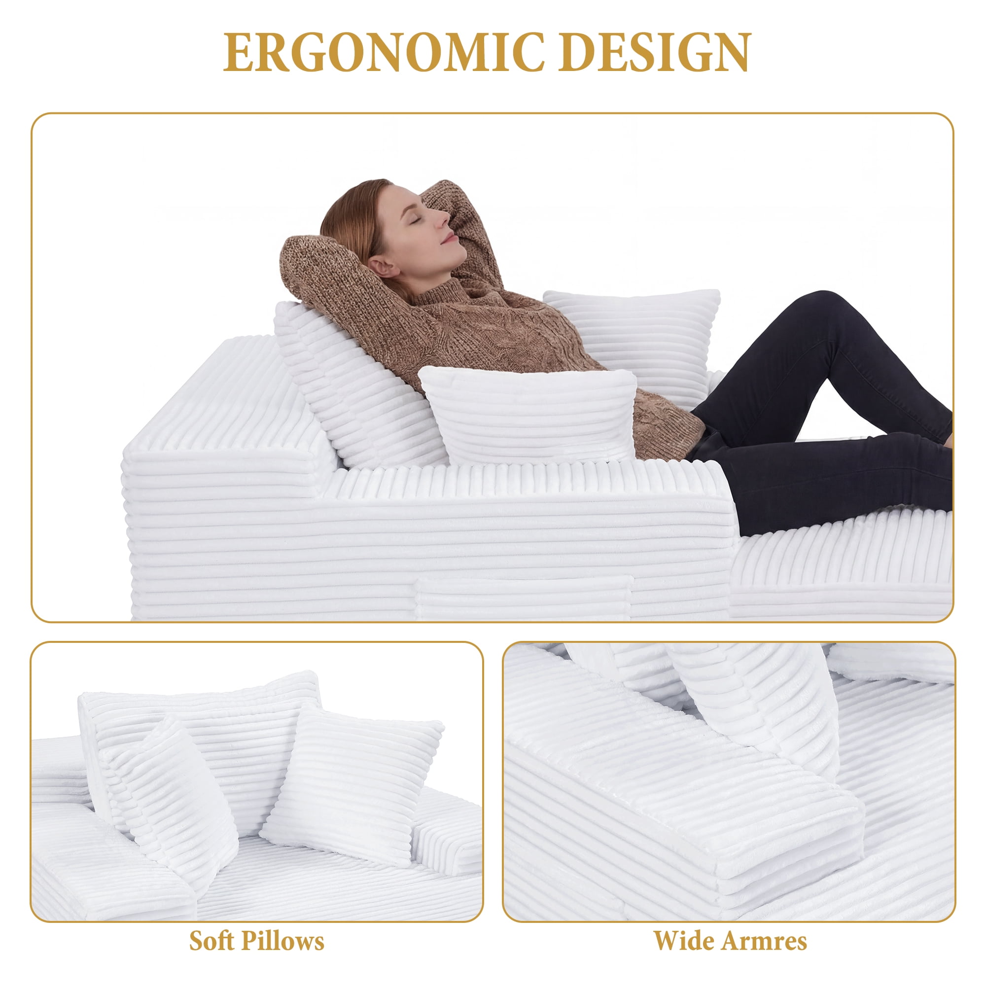 67" Corduroy Boneless Chaise Sofa for Living Room, 9.9'' Wide Armrest Lounge Chair, Indoor Oversized Sleeper Sofa, Deep Seat, 3 Soft Pillows Sofa Bed, No Assembly Required, White