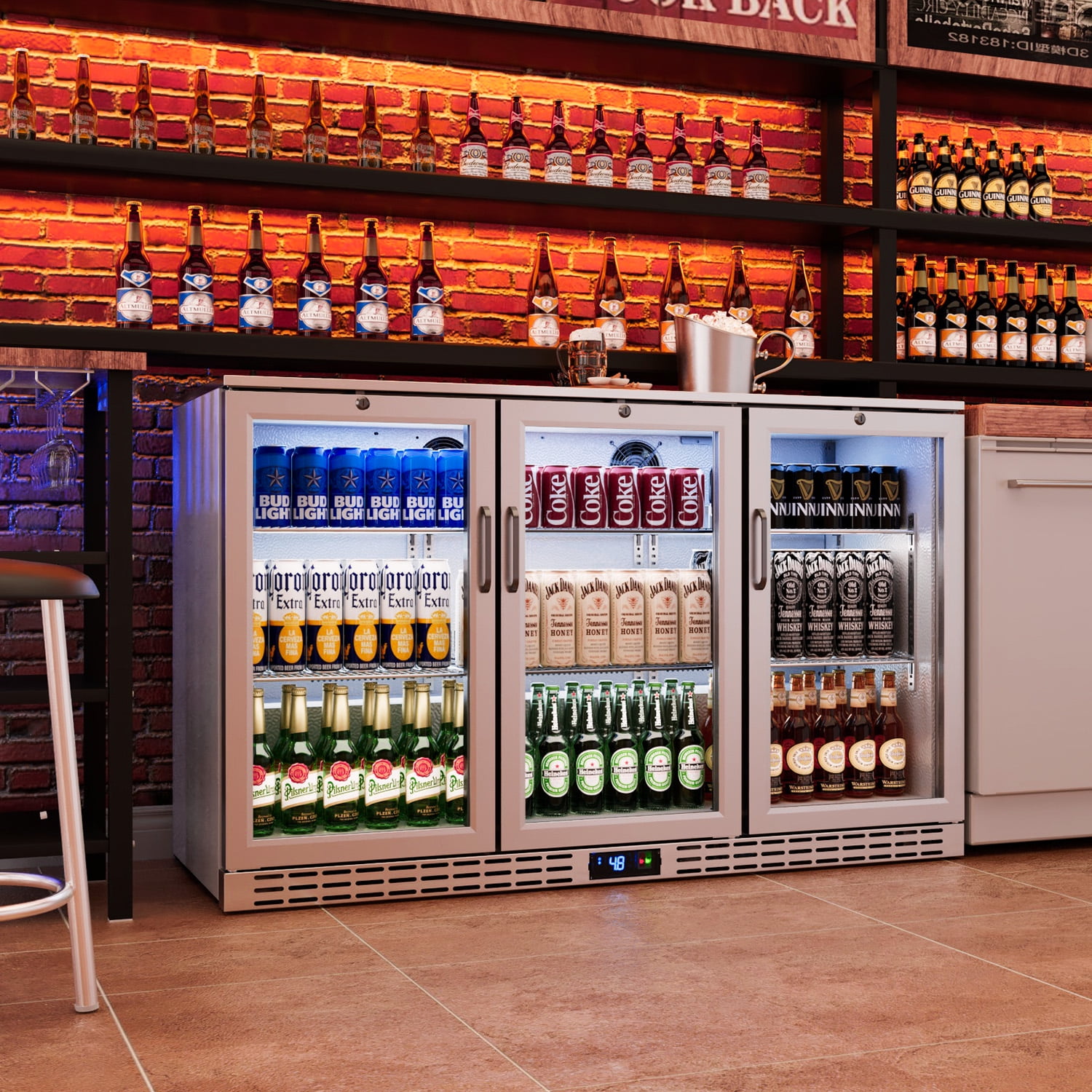 Coolake 53 inch 11.7 cu.ft Back Bar Cooler Commercial Counter Height Beverage Refrigerator with 3 Glass Doors & LED Lighting, 115v