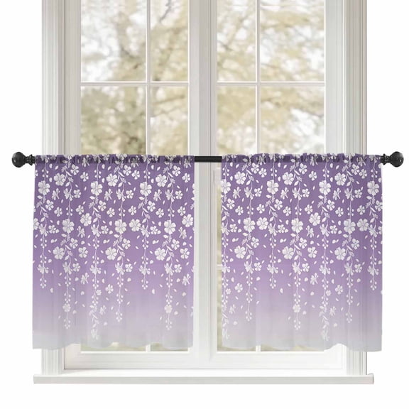Sheer Curtains 54 inches Long, Flower White Cherry Blossoms Purple Background Light Filtering Sheer Window Curtains Rod Pocket Voile Drapes for Bedroom Living Room, 52"W x 54"L 2 Panels