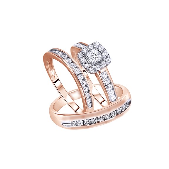 AFFY White Natural Diamond Engagement & Wedding Trio Bridal Ring Set In 10k Rose Gold (1.2 Cttw)