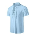 thumbnail image 5 of IYTR Men's Cotton Linen Shirts Summer Short Sleeve V Neck Drawstring Tshirt Fashion Solid Color Casual Loose Shirts Blouses Sky Blue M, 5 of 5