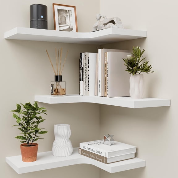Corner Floating Shelves for Wall Mounted L-Shaped Wood Corner Wall Shelf, Hanging Shelf for Bathroom, Bedroom, Kitchen, Living Room, Office, Home Decor, Set of 3 (White)