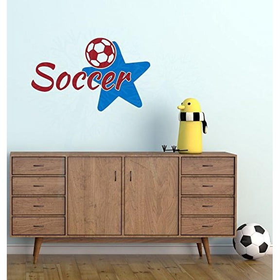 Bedroom Décor Soccer with Star Sports Vinyl Wall Decals 23x14-Inch, Red/Traffic Blue