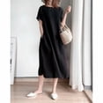 thumbnail image 4 of JUNWELL Robe Longue Femmes S-2XL Taille Nouvelle casual Été en Vrac Jupe à Manches Courtes Col Rond Robe en Lin de Coton de Couleur Unie, 4 of 7