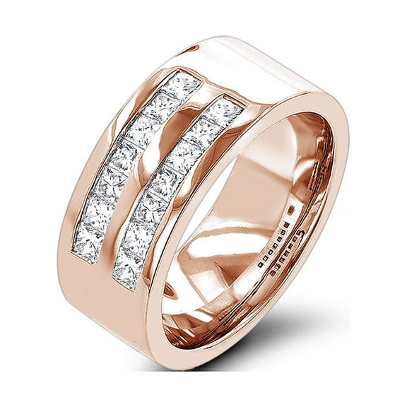 14K Wide Princess Cut Natural Diamond Wedding Band For Men (Rose Gold Size 8)