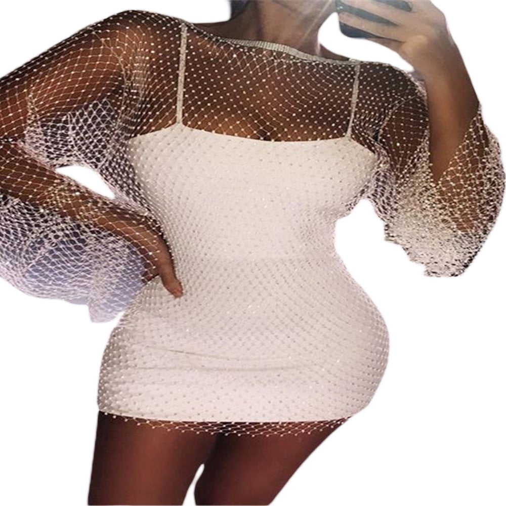Women s See Through Glitter Dress Sheer Rhinestone Fishnet Bikini Swim Beach Cover Up Walmart