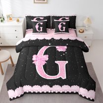 Manfei Initial Letter G 7pcs Bedding Comforter Set,Galaxy Starry Night Queen Bedding Sets,Pink Sequin Print Queen Sheet Sets For Girl,Breathable Bedroom Decoration Reversible