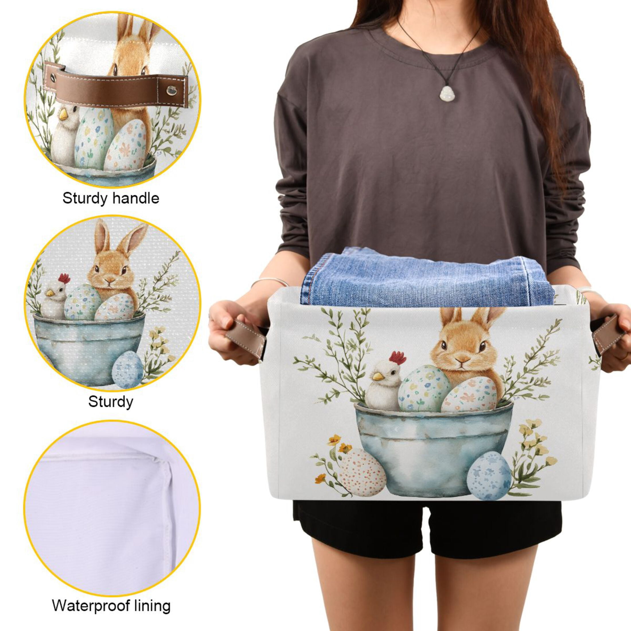 Ryvnso Easter Rabbit Egg Storage Basket Large Bin Foldable Boxes Toys Organizer 14.2x10.2x8.3in 2 PCs