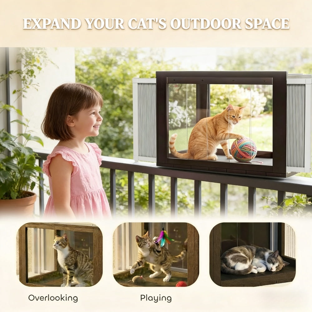 Window Mounted Catio Cat Enclosure with Transparent Acrylic Top Fir Wood Cat Window Perch Black White