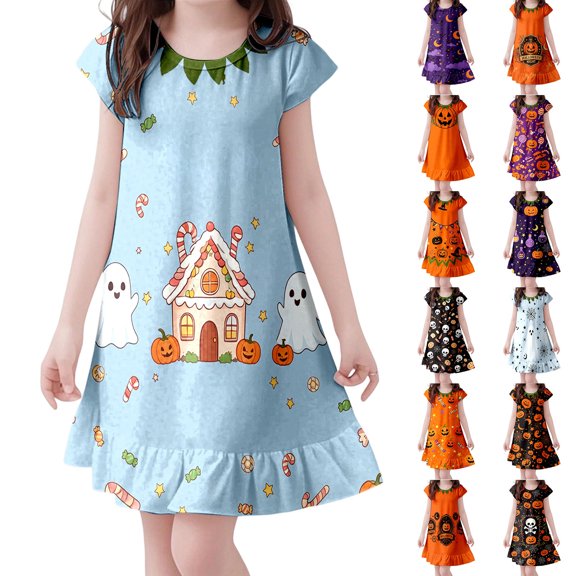 Halloween Girls Dresses Tutu Flutter Sleeve Printed Loose Girls Dress For Girls Halloween Casual Wear Birthday Parties