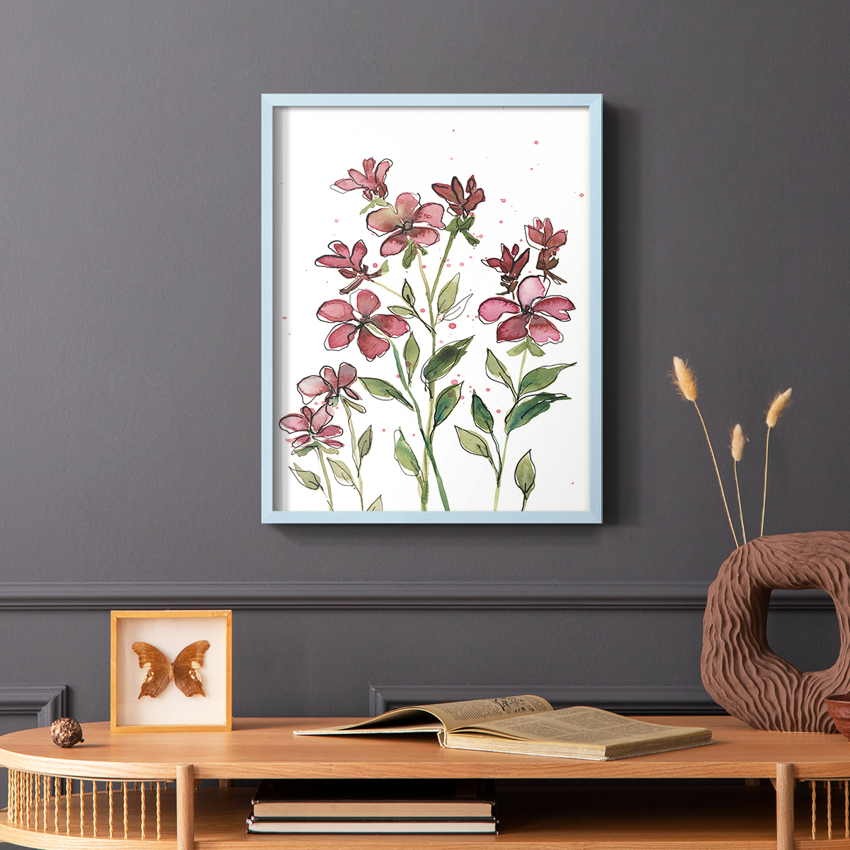 Watercolor Floral Stems II Framed Print in Blue Solid Wood 8 x 10 Framed Print